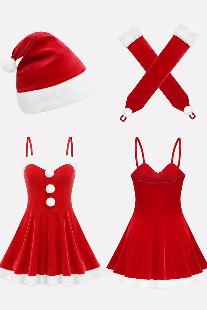 Red velvet Christmas Santa dress with hat and gloves. Holiday outfit with white fur trim