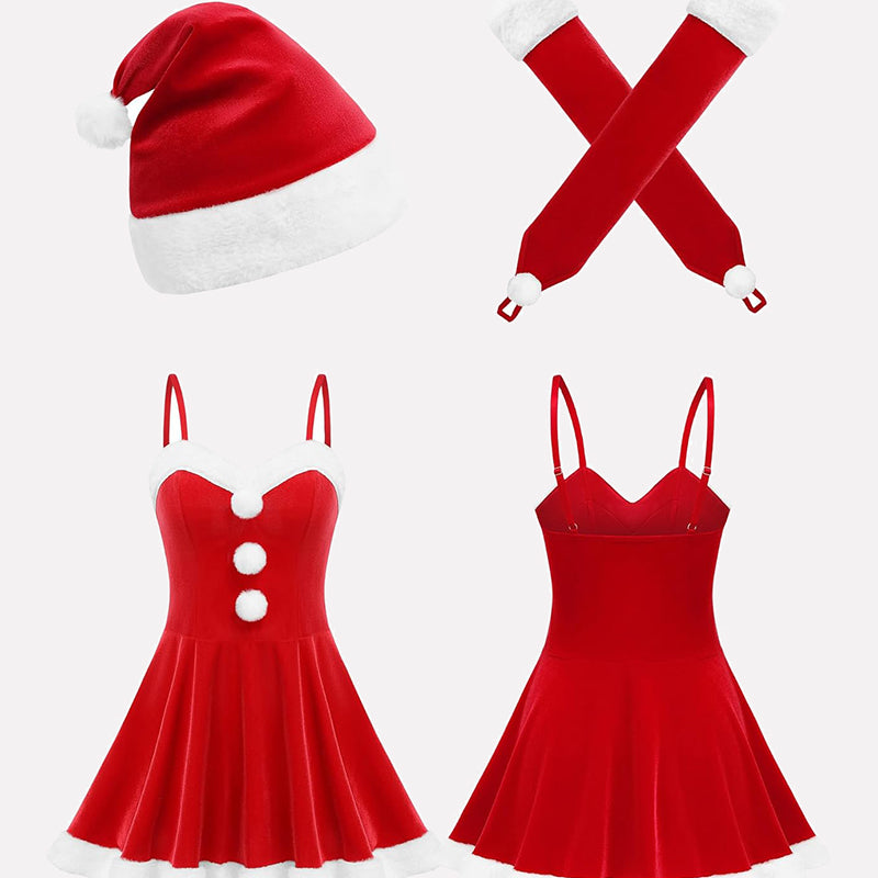 Red velvet Christmas Santa dress with hat and gloves. Holiday outfit with white fur trim