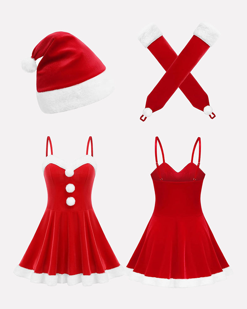 Red velvet Christmas Santa dress with hat and gloves. Holiday outfit with white fur trim