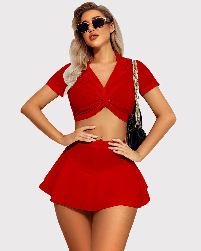 Red ruffle hem mini skirt and crop top, A-line flared, fashionable outfit