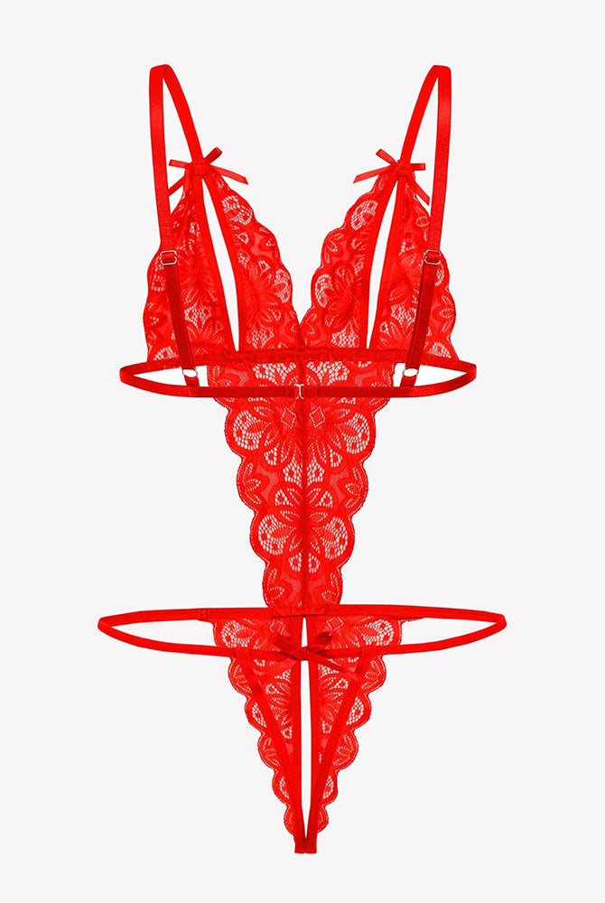 Avidlove red floral lace bodysuit with deep V-neck, crotchless and bow details, sexy lingerie