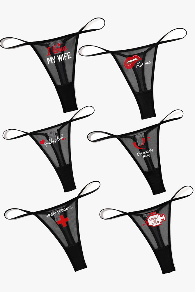 Low-rise mesh thong panties with various printed phrases, a sexy and charming lingerie selection