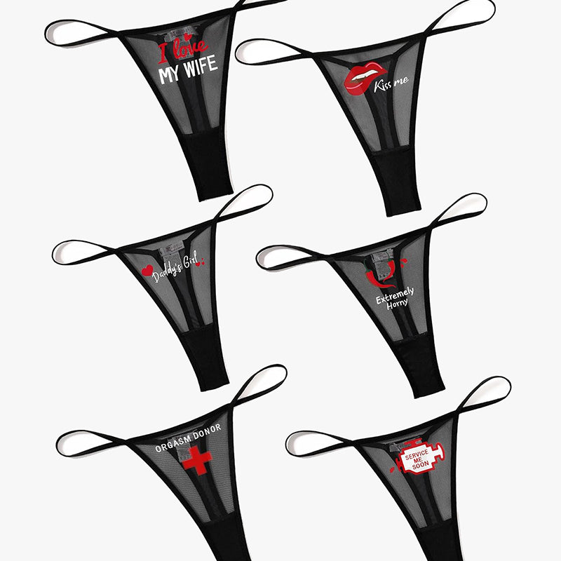 Low-rise mesh thong panties with various printed phrases, a sexy and charming lingerie selection