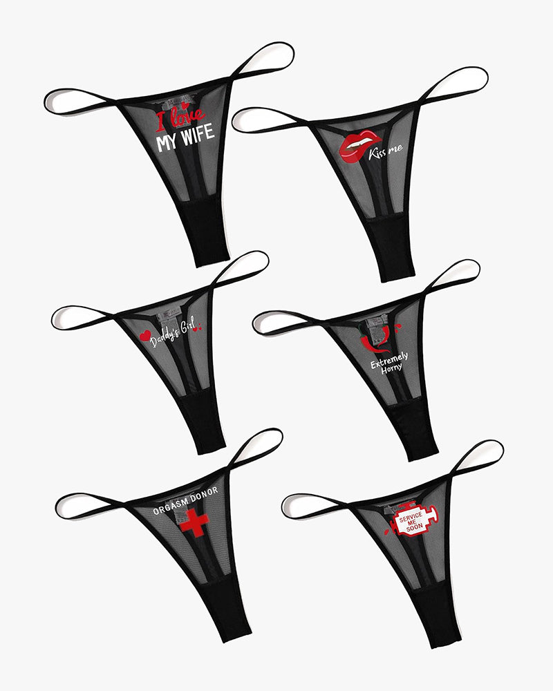 Low-rise mesh thong panties with various printed phrases, a sexy and charming lingerie selection