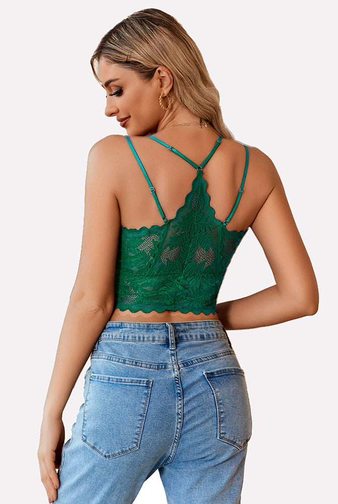 Green lace racerback crop top. Scalloped trim and adjustable straps for a sexy look.