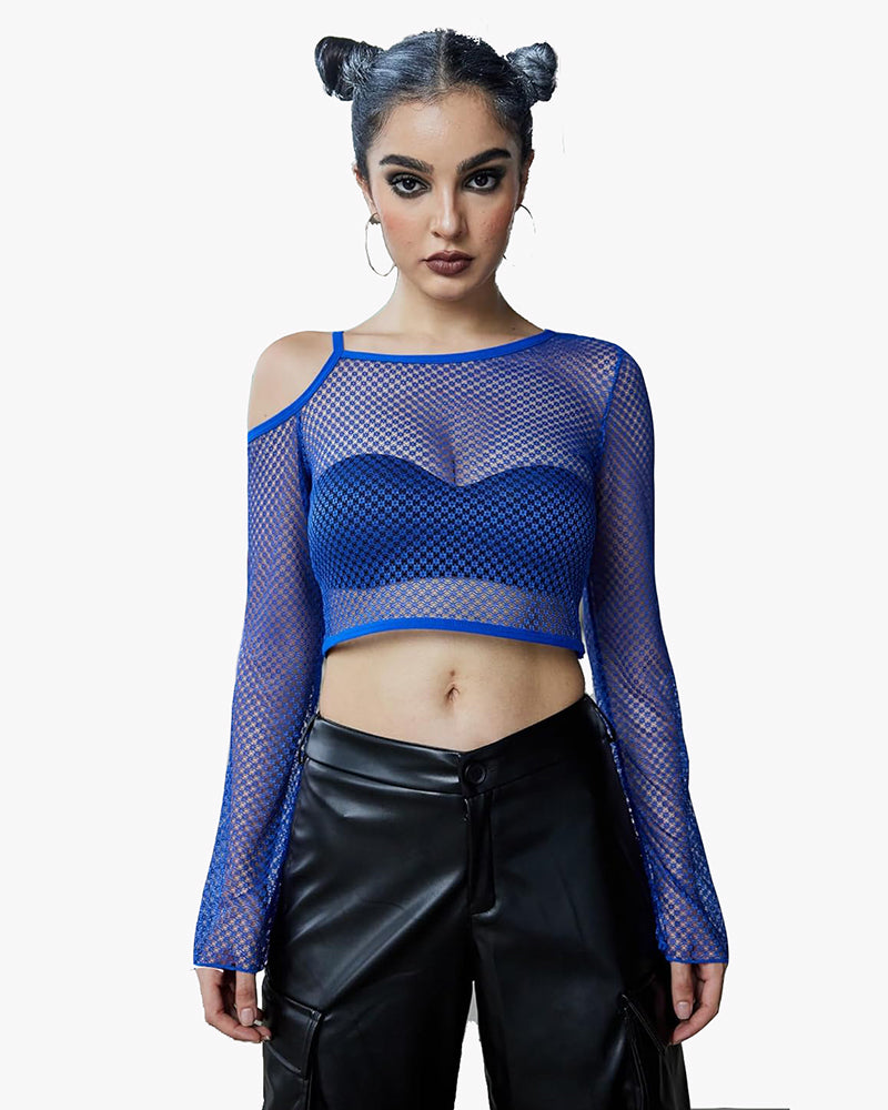 Blue fishnet long sleeve crop top with asymmetrical neckline and black leather pants.