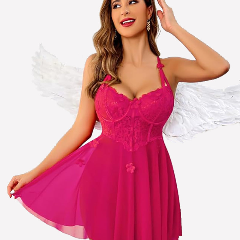 Pink floral lace lingerie set with sheer skirt, bow decor, angel wings, boudoir look for confidence.