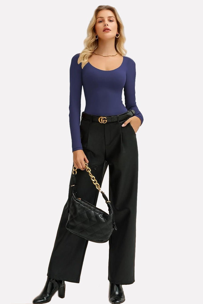 Navy blue scoop neck bodysuit, soft and stretchy for going out. Paired with black pants and handbag.
