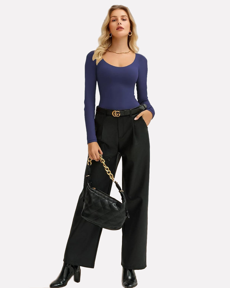 Navy blue scoop neck bodysuit, soft and stretchy for going out. Paired with black pants and handbag.