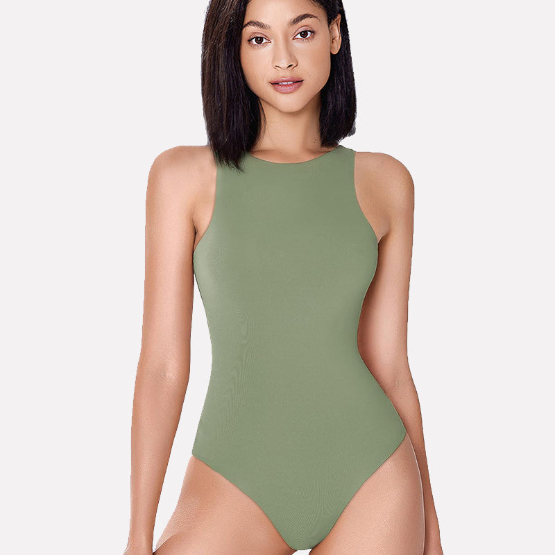 Olive green high-neck bodysuit, enhancing silhouette, double-lined for comfort and body shaping.