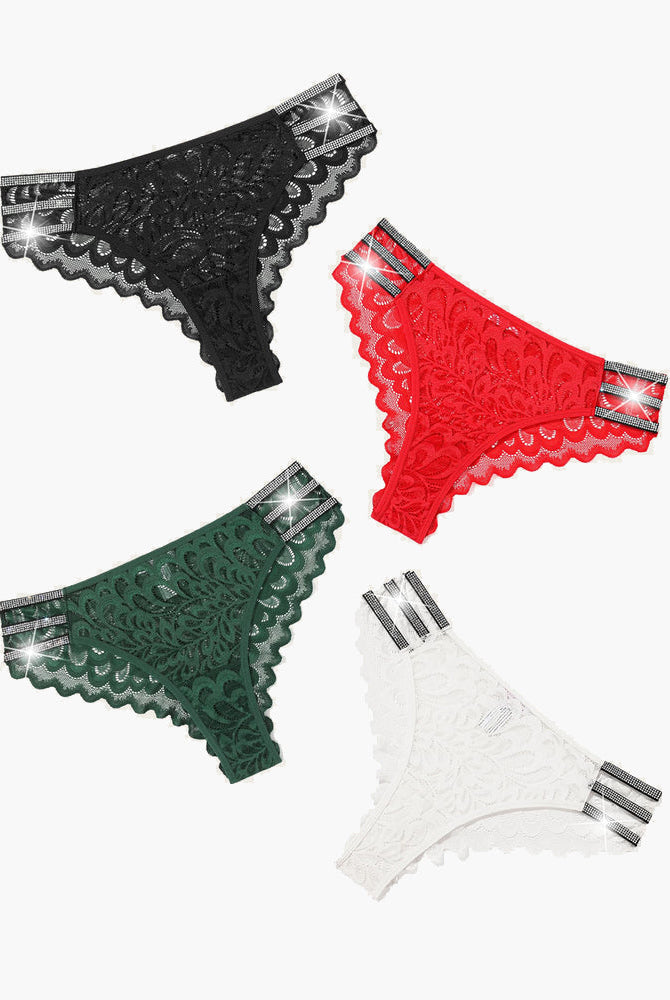 Lace cheeky underwear in black, red, green, and white with rhinestone accents - Avidlove