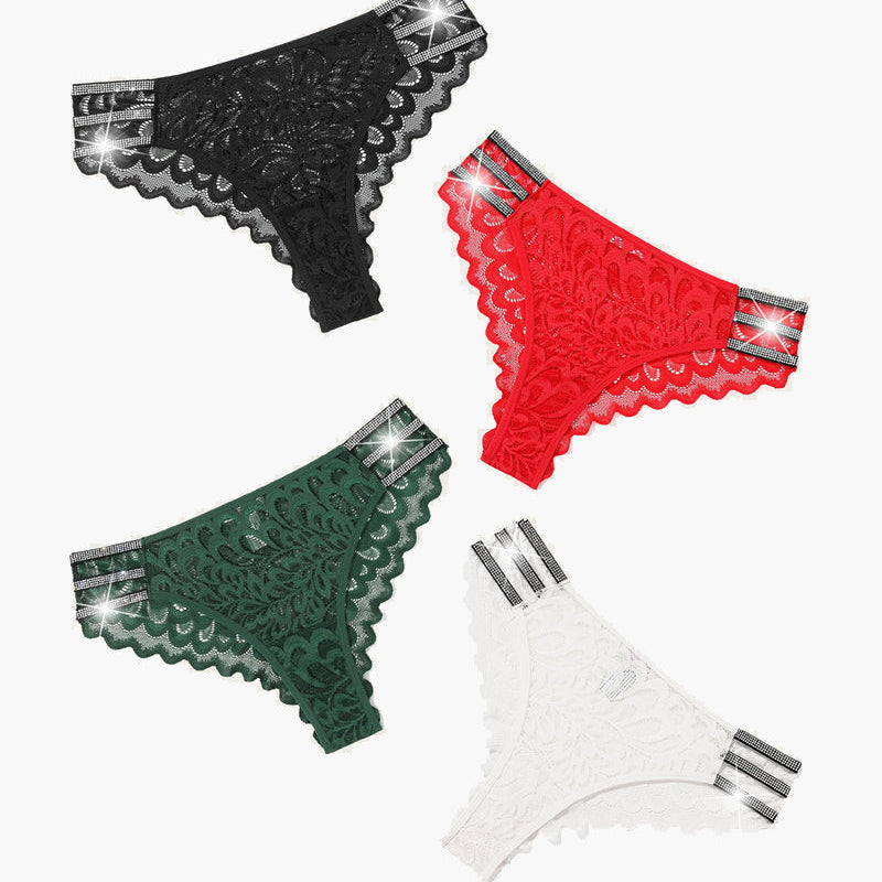 Lace cheeky underwear in black, red, green, and white with rhinestone accents - Avidlove