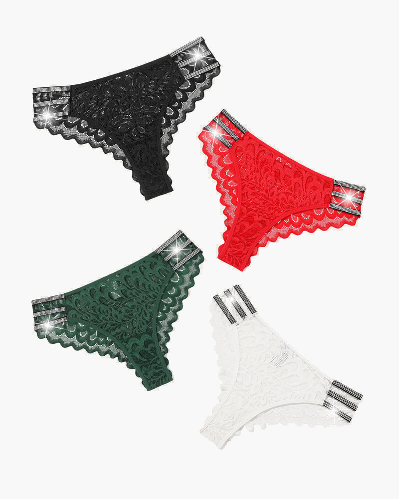 Lace cheeky underwear in black, red, green, and white with rhinestone accents - Avidlove