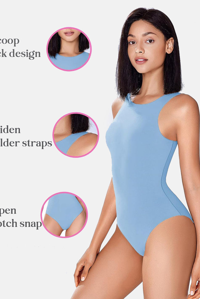 Blue shapewear bodysuit with scoop neck, comfortable and body-shaping. Open crotch snap design.
