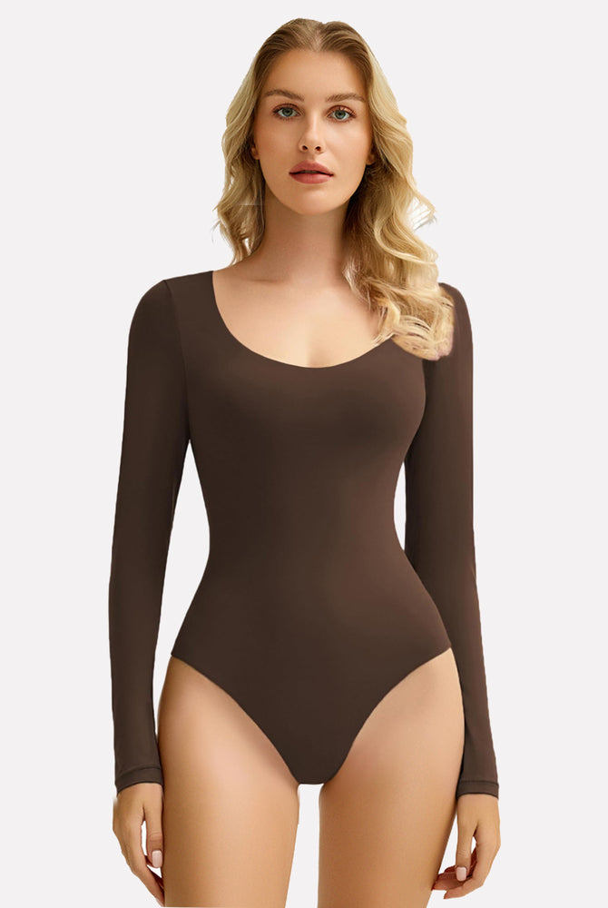 Rose-brown long-sleeve scoop neck bodysuit shapewear for women, soft and stretchy fit, going out top