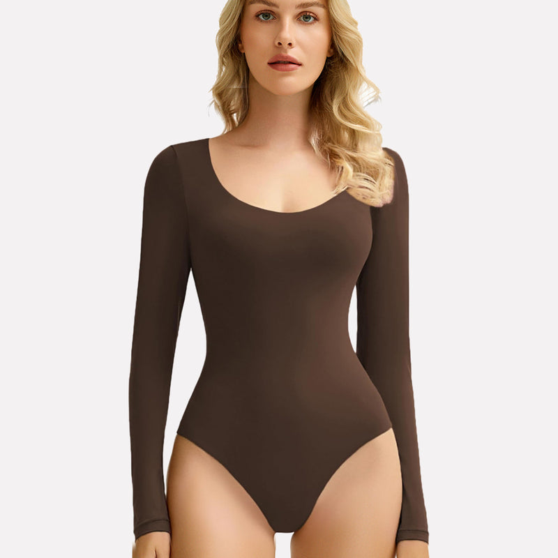 Rose-brown long-sleeve scoop neck bodysuit shapewear for women, soft and stretchy fit, going out top