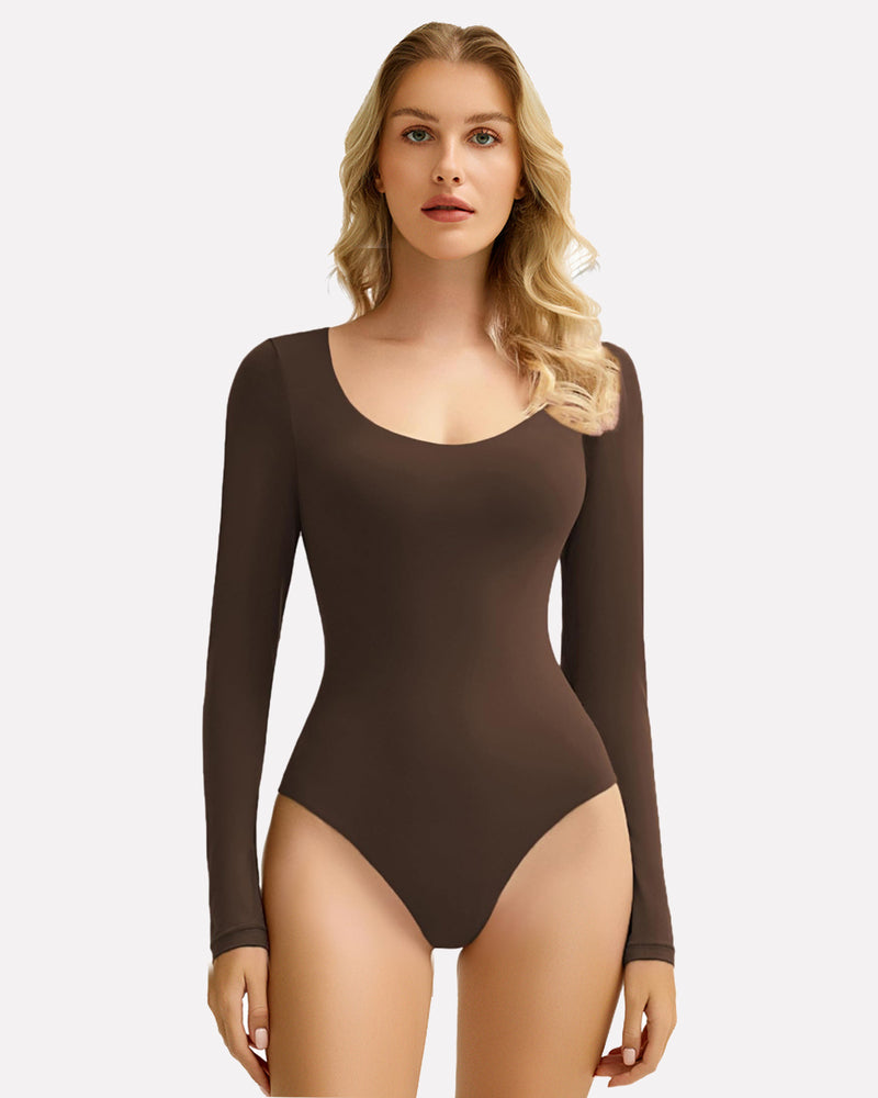 Rose-brown long-sleeve scoop neck bodysuit shapewear for women, soft and stretchy fit, going out top