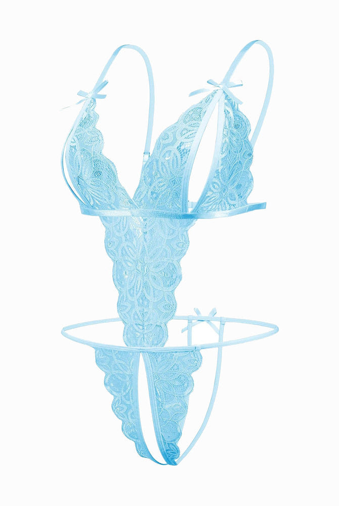 Light blue lace open cup bodysuit, backless design with bow details. Sexy lingerie