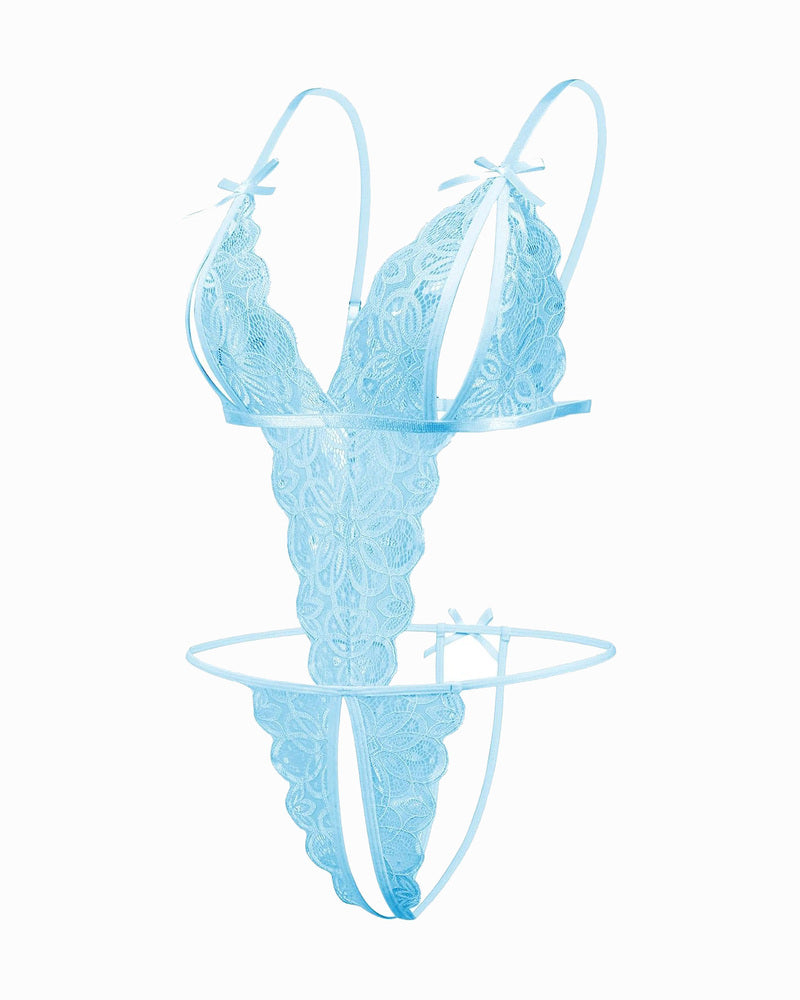 Light blue lace open cup bodysuit, backless design with bow details. Sexy lingerie