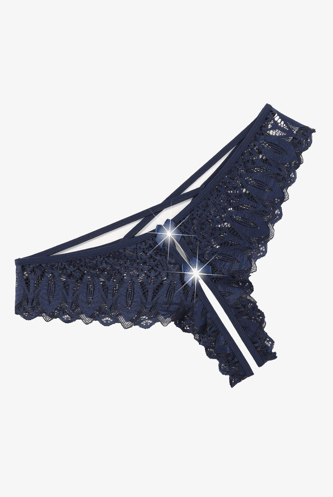 Navy blue lace Criss Cross Hipster Underwear with cross-strap back and double bow detail