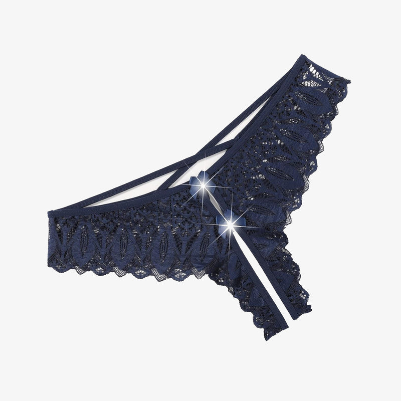 Navy blue lace Criss Cross Hipster Underwear with cross-strap back and double bow detail