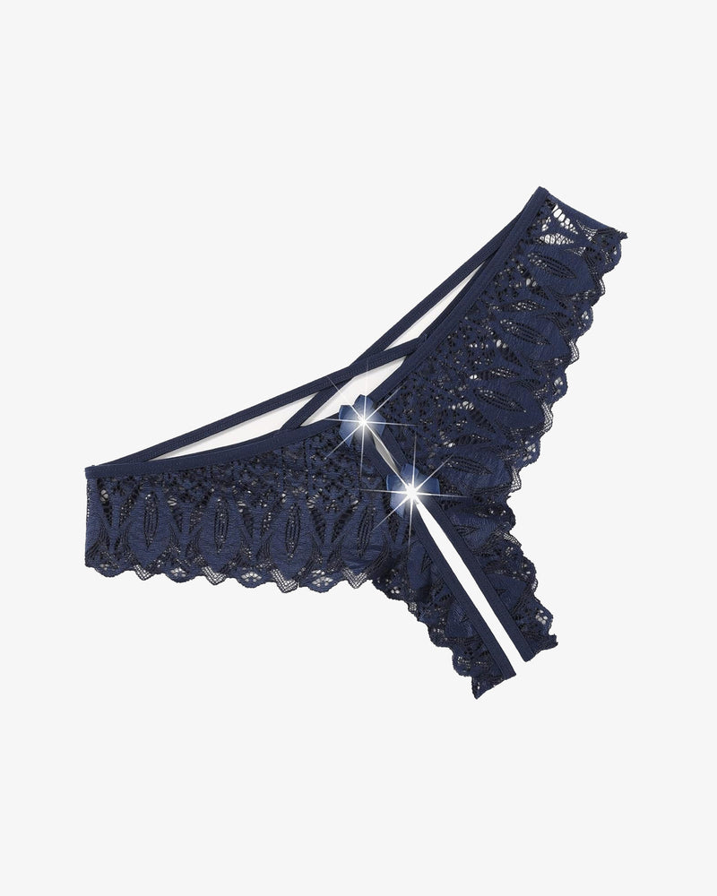 Navy blue lace Criss Cross Hipster Underwear with cross-strap back and double bow detail