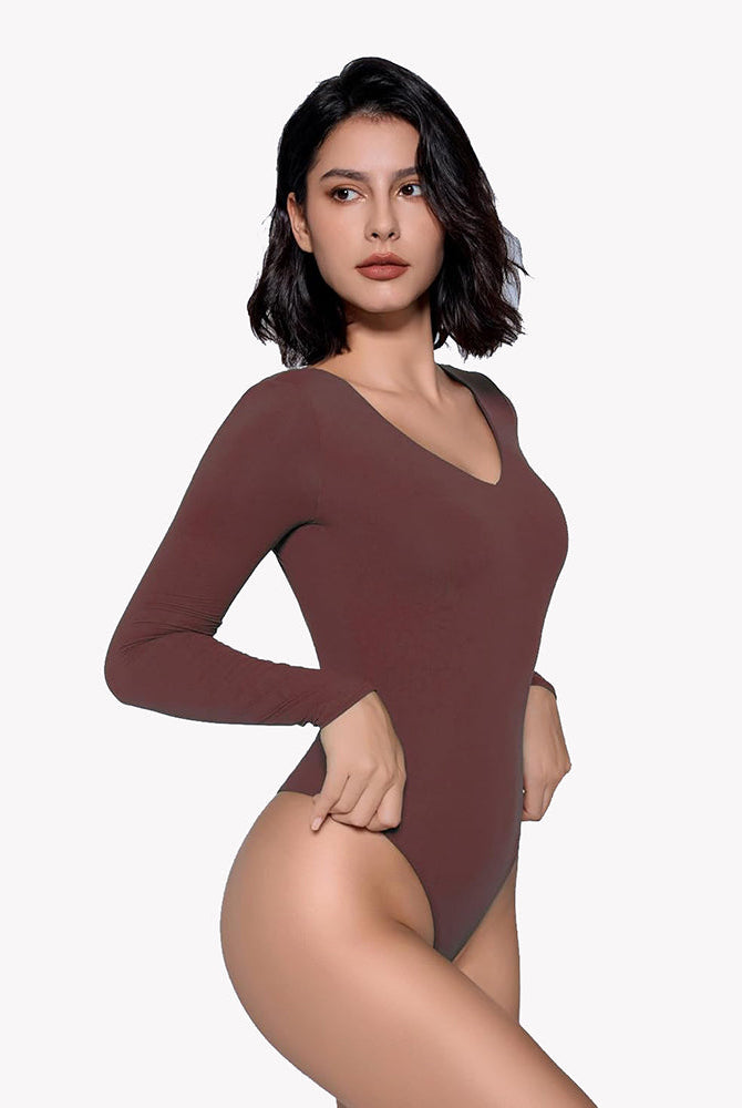 Brown long-sleeve V-neck bodysuit, curve-enhancing shapewear for a confident and classy look.