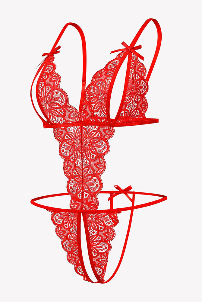 Avidlove red lace bodysuit, deep V crotchless design, adjustable straps, and bows. Sexy lingerie.