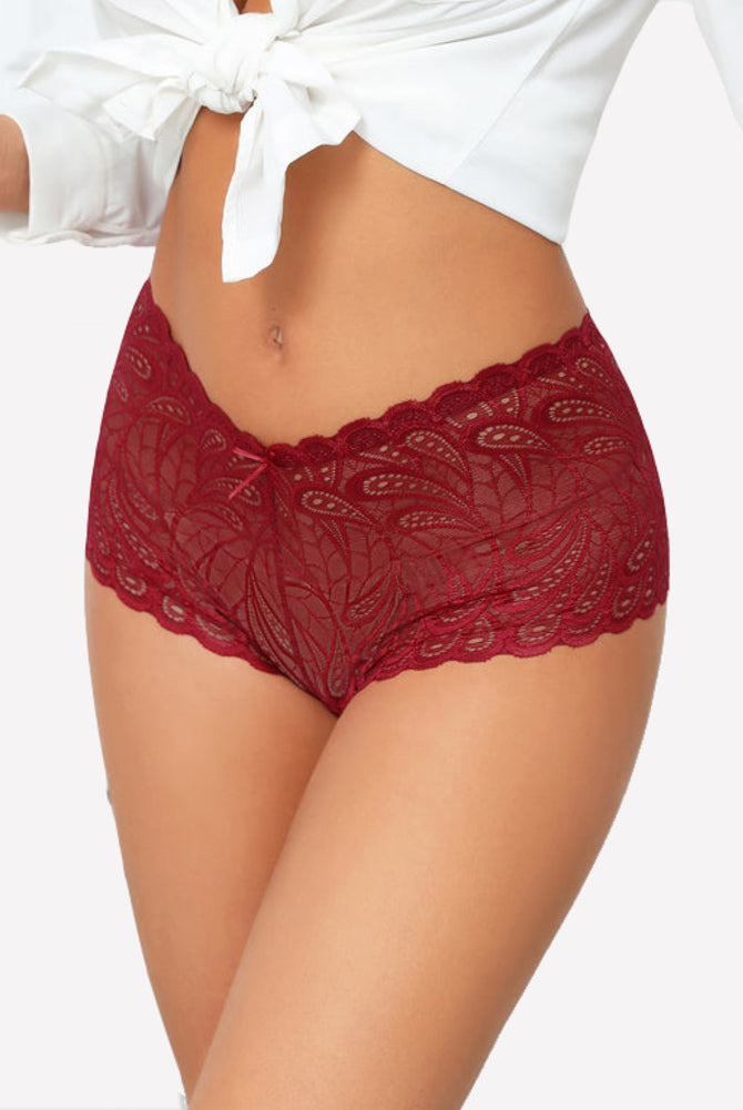 Burgundy Avidlove floral lace mid-rise panties, featuring soft stretch, and a comfortable fit.