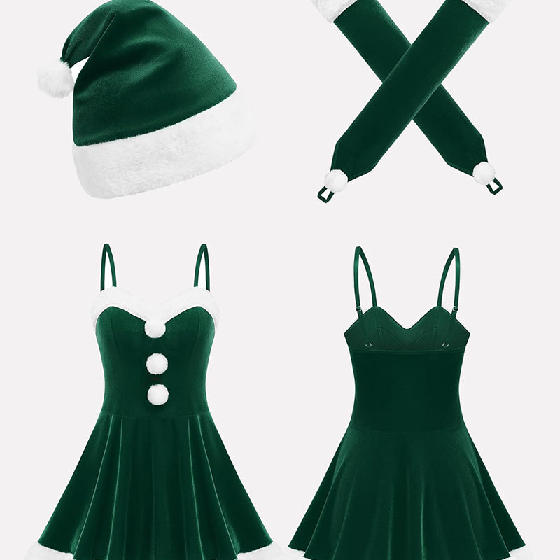 Green Christmas Santa dress with hat and gloves. Holiday outfit with white fur trim and snowballs.