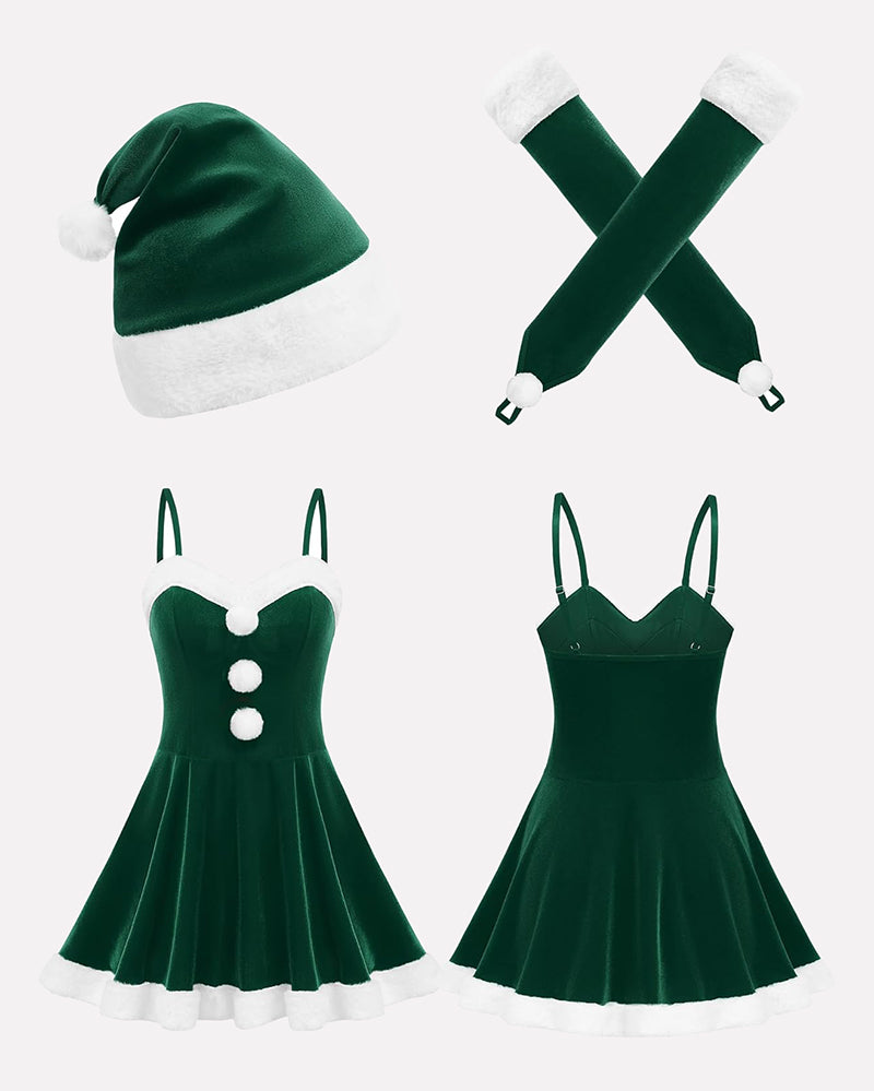 Green Christmas Santa dress with hat and gloves. Holiday outfit with white fur trim and snowballs.