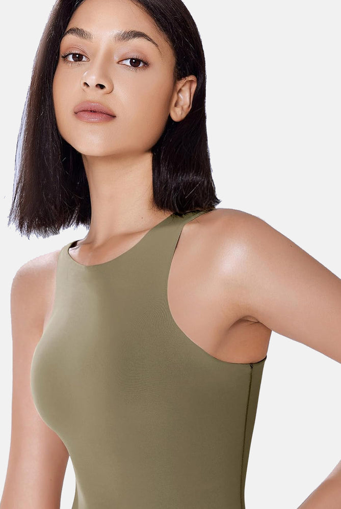 Olive green high-neck shapewear bodysuit, body-shaping, comfortable and breathable design.