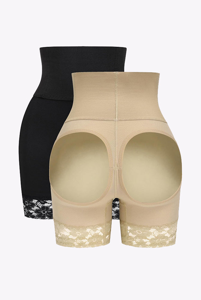 Beige and Black Tummy Control High Waisted Shapewear Shorts with Lace Trim and Butt Lifter