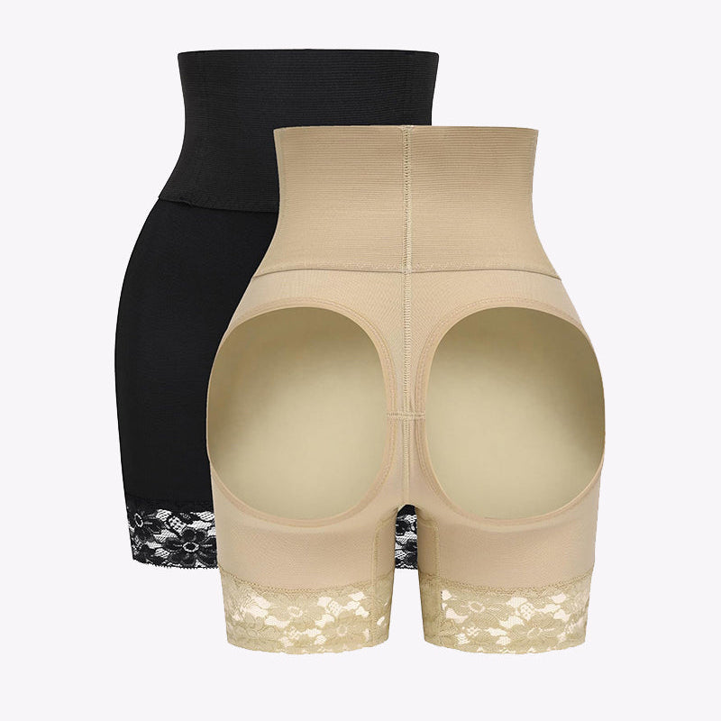 Beige and Black Tummy Control High Waisted Shapewear Shorts with Lace Trim and Butt Lifter
