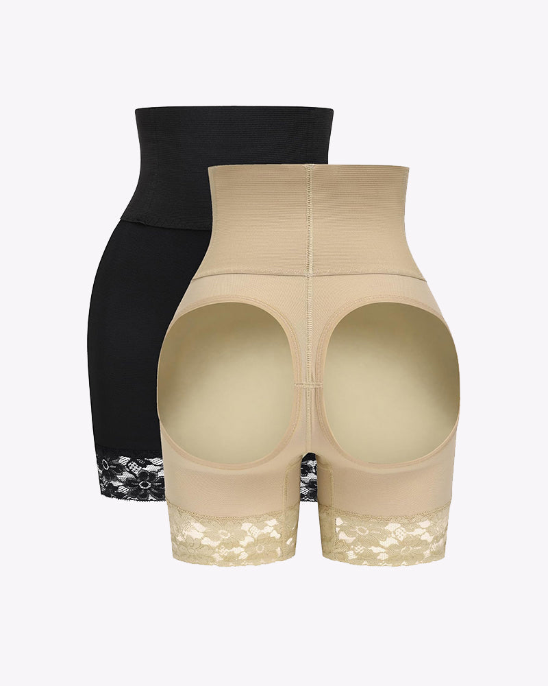 Beige and Black Tummy Control High Waisted Shapewear Shorts with Lace Trim and Butt Lifter