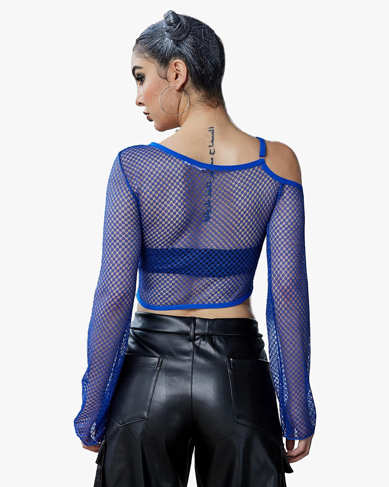 Blue fishnet long sleeve asymmetrical crop top, black leather pants. Sexy see-through design.