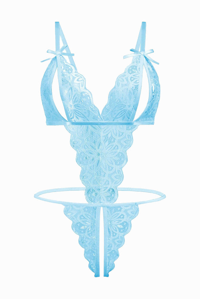Light blue lace bodysuit, open cup, backless design with bow details. Sexy lingerie for women.