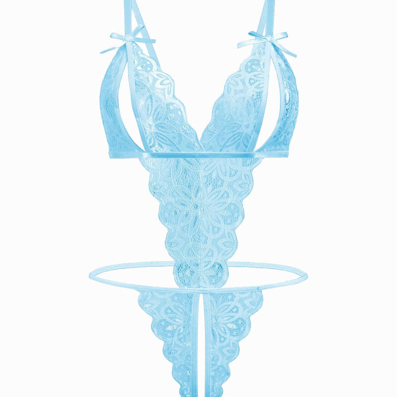 Light blue lace bodysuit, open cup, backless design with bow details. Sexy lingerie for women.