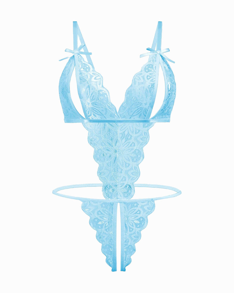 Light blue lace bodysuit, open cup, backless design with bow details. Sexy lingerie for women.
