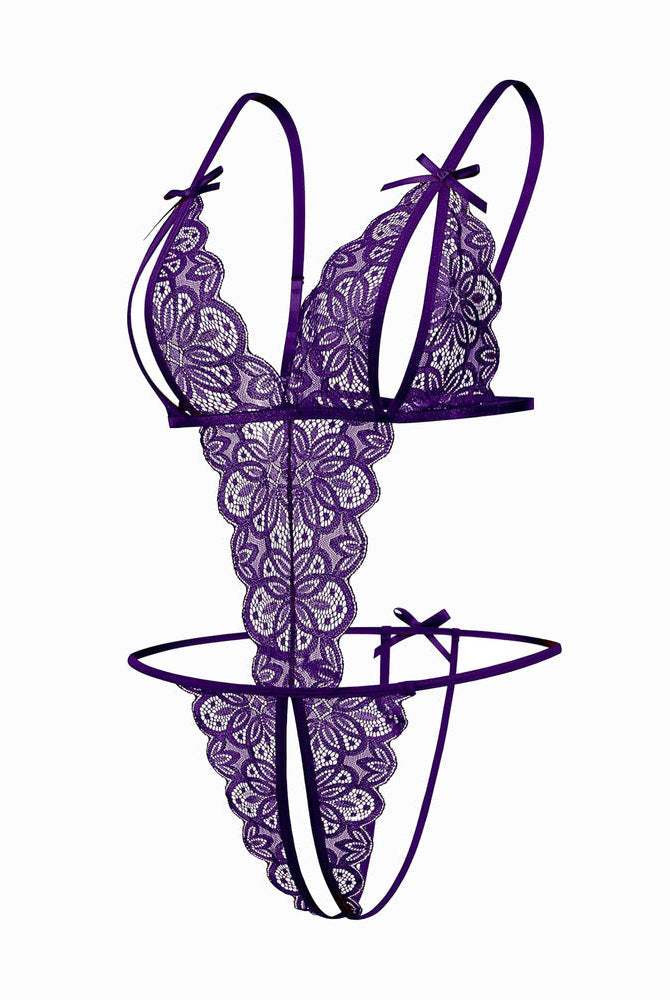 Purple lace open cup bodysuit with bow detail. Sexy backless lingerie