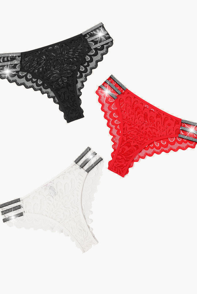 Lace cheeky underwear in black, red, and white, featuring delicate lace and rhinestone accents.