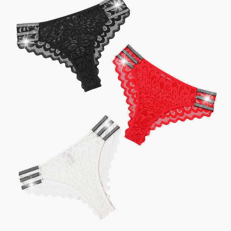 Lace cheeky underwear in black, red, and white, featuring delicate lace and rhinestone accents.