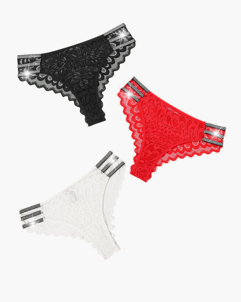 Lace cheeky underwear in black, red, and white, featuring delicate lace and rhinestone accents.