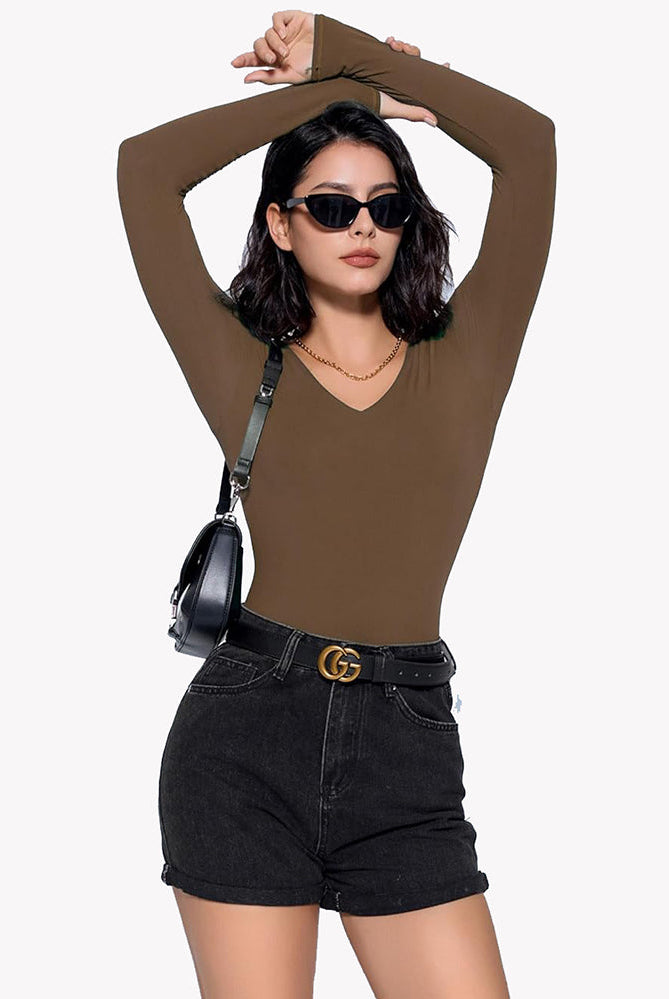 Brown long sleeve V-neck bodysuit, curve-enhancing shapewear for a confident and classy look.