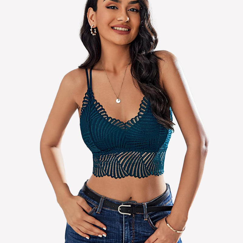 Avidlove teal lace V-neck crop top with adjustable straps, on model with jeans. Sexy lingerie.