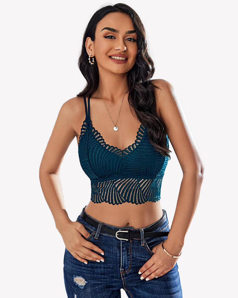 Avidlove teal lace V-neck crop top with adjustable straps, on model with jeans. Sexy lingerie.