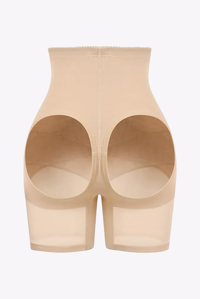 Beige high-waisted tummy control shorts shapewear, butt lifter, smoothing effect.