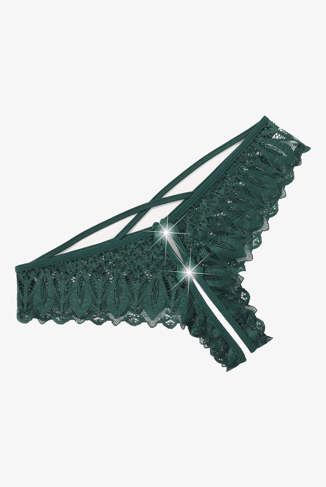 Green lace Criss Cross hipster underwear with cross-strap back and lace fringe detail