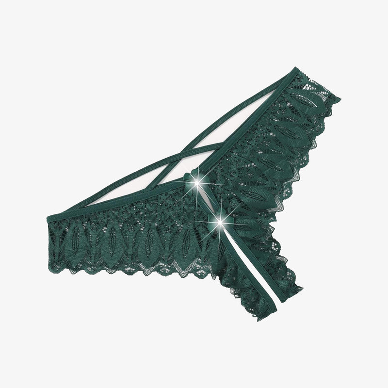 Green lace Criss Cross hipster underwear with cross-strap back and lace fringe detail