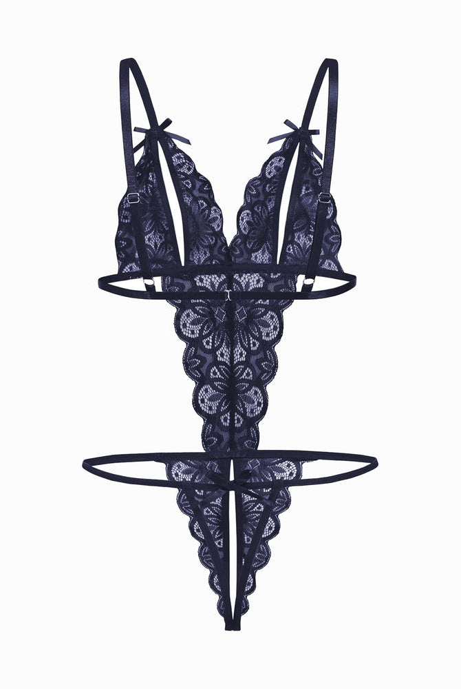 Navy blue lace bodysuit with open cup, backless design and bow details